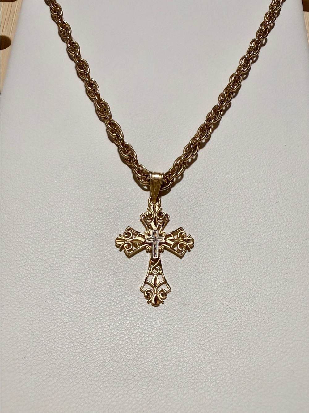 Vintage 14K Gold Michael Anthony Cross Pendant & 12K GF Rope Chain Necklace Set